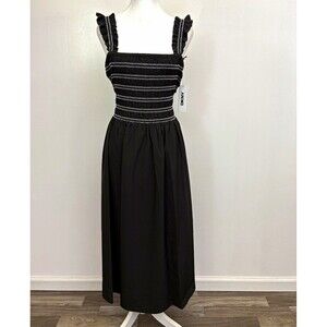 DKNY Women’s Black Smocked Ruffle Strap Midi Sundress Square Neck Size 12